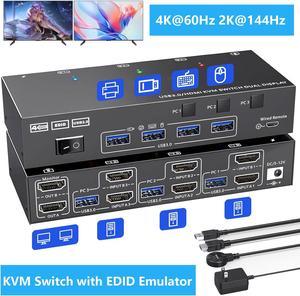 AUTYUE HDMI KVM Switch 3 Computers 2 Monitors,  4K@60Hz Dual Monitor HDMI USB 3.0 KVM Switcher with EDID Emulator, Support Copy and Extended Display, for 3 PCs Share 2 Displays and 4 USB Devices