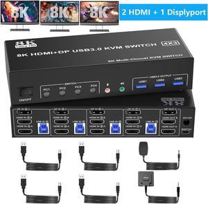 AUTYUE 8K@60Hz KVM Switch 3 Monitors 4 Computers 4K@144Hz, 2 HDMI +1 DisplayPort Triple Monitor KVM Switch for 4 Computer with Audio and 3 USB 3.0 Ports, 3 Monitor KVM Switches Keyboard Mouse Switcher