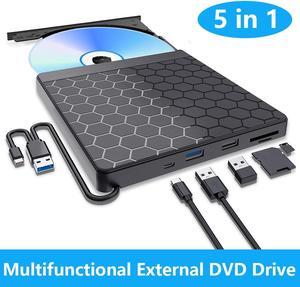 AUTYUE [5 in 1] External CD DVD Drive, USB 3.0 & Type C External DVD Burner with SD TF Cards and 2 USB A Ports, Portable CD/DVD Reader Optical Drive for PC Laptop Win11/10/7/ 8.1/Linux,Vista, MacOS