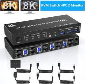 AUTYUE USB 3.0 Displayport KVM Switch 2 Monitors 4 Computers, 8K@60Hz Dual Monitor KVM Switch 4 in 2 Out with Audio Output and 3 USB3.0 Ports, 4 Port Displayport Dual Monitor KVM Switch for 4 Computer