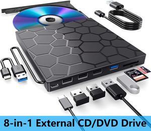 AUTYUE External CD/DVD Drive, Portable DVD Player for Laptop, 8 in 1 USB 3.0 CD/DVD-ROM +/-RW CD Burner, External CD Drive USB CD Reader Compatible with Laptop Desktop,Windows 11/10/8/7, Linux, MacOS