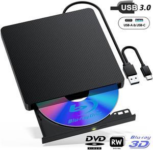 AUTYUE External Blu-ray Drive, USB 3.0 and Type-C External CD/DVD Burner, BD Player with 3D Bluray Playback - Portable Blu-ray Drive Optical DVD Drive Compatible with Windows, Linux, Mac OS (Black)