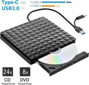 AUTYUE External CD DVD Drive, Type-C & USB 3.0 Portable CD/DVD +/-RW ROM Burner Rewriter,Player Optical DVD Drive External Disk Drive for Laptop PC, Desktop, Windows 11/10/8/7 /XP/Vista/Linux, MacOS