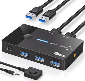 AUTYUE USB 3.0 Switch 2 Computers Sharing USB C & A Devices, 4 Port USB Switcher Sharing Keyboard and Mouse, Printer/Scanner USB Switch Hub for 2 Computers with 2 USB3.0 Cables and Desktop Controller