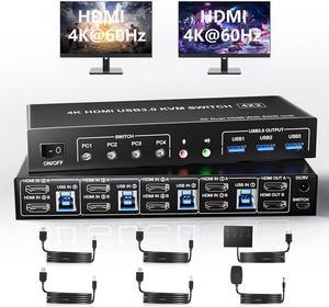 AUTYUE USB 3.0 HDMI KVM Switch 4 Computers, Supports EDID, 4K@60Hz Dual Monitor HDMI KVM Switches for 4 PCs with 3 USB 3.0 and Audio Microphone Ports, 4 Port HDMI KVM Switch 4 in 2 Out for 4PCs