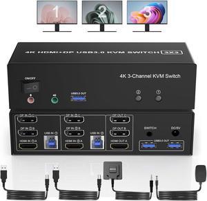 AUTYUE HDMI + 2 Displayport USB 3.0 KVM Switch Triple Monitor for 2 Computers, 4K@60Hz KVM Switch 2 Computers 3 Monitors with Audio Microphone Output and 3 USB 3.0 Ports, Keyboard Mouse Switcher