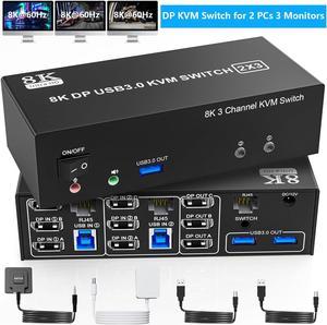 AUTYUE 8K@60Hz Displayport KVM Switch 3 Monitors 2 Computers 4K@144Hz, DP USB 3.0 KVM Switch Triple Monitor for 2 PCs Share 3 Monitors, RJ45 Ethernet Splitter 1 to 2, Audio Mic Port and 3 USB 3.0 Port