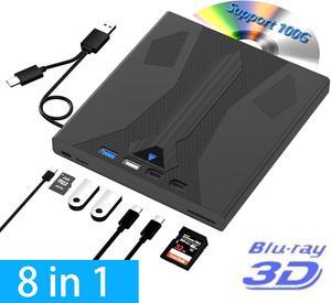 AUTYUE 8 in 1 External Blu Ray Drive, USB 3.0 and Type-C Blu Ray Burner Portable Blu Ray DVD/CD/BD Player, Support 100G Disc 3D Optical Bluray Drive Compatible with Laptop Desktop Windows MacOS