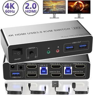 AUTYUE HDMI Dual Monitor KVM Switch 2 Computers 2 Monitors 4K@60Hz, EDID Emulators HDMI USB KVM Switcher for 2 PCs Share Dual Monitors and 3 USB 3.0 Ports with Audio Microphone, Extended & Mirror Mode