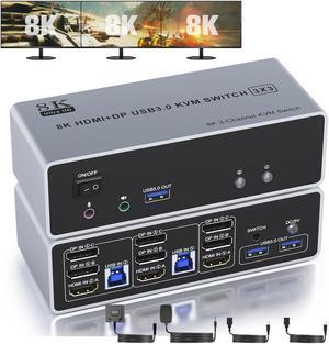 AUTYUE KVM Switch 3 Monitors 2 Computers 8K@60Hz 4K@144Hz, HDMI + 2 Displayport Triple Monitor KVM Switch for 2 PC Share 3 Monitor, Audio Mic Port and 3 USB 3.0 Devices Support Extended and Copy Mode