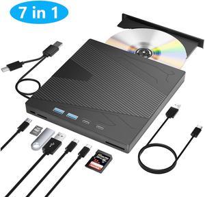 AUTYUE 7 in 1 External CD DVD Drive, USB3.0 Portable CD/DVD +/-RW Drive/DVD Player With SD/TF Card Reader 4 USB Ports CD ROM Burner Compatible With Laptop Desktop PC Windows 7/8/10/11/XP, Linux, MacOS