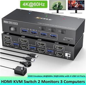 AUTYUE 3 in 2 Out KVM Switch 2 Monitors 3 Computers 4K@60Hz, EDID Emulator, Dual Monitor HDMI KVM Switch for 3 Computers Share 2 Monitor and 4 USB 3.0 Devices, with Wired Remote and 12V Power Adapter