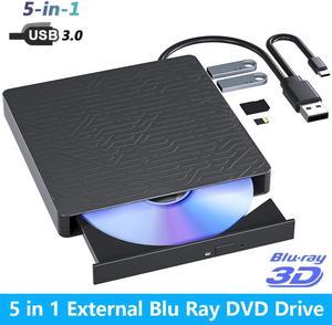 AUTYUE 5 in 1 External Blu ray Drive, Multifunctional USB 3.0 Type-C 3D External Blu-ray Slim Optical Drive CD DVD Drive Burner with SD/TF Card Reader/2 USB 3.0 Hubs for Windows XP/7/8/10/11, MacOS