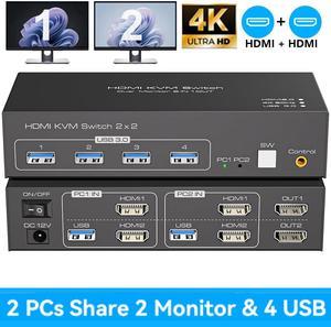 AUTYUE HDMI KVM Switch 2 Monitors 2 Computers, 4K60Hz 2 Ports Dual Monitor HDMI USB KVM Switches for 2 PC or Laptops Share 1 set of Keyboard Mouse Printer, Wired Controller and Power Adapter Included