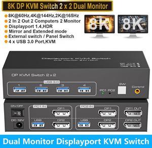 AUTYUE 2 Port DisplayPort Dual Monitor KVM Switch 8K@60Hz 4K@120Hz, USB 3.0 DP1.4 KVM Switcher 2 in 2 Out for 2 Computers 2 Monitors with 4 Ports USB 3.0 Support Copy and Extended Display