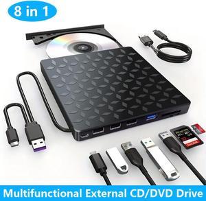 AUTYUE External CD DVD Drive [8 in 1], USB 3.0 & Type-C Portable Drive Reader CD/DVD +/-RW ROM Burner Rewriter with 4 USB Ports & SD/TF Optical Drive for Desktop PC Windows 11/10/8/7/X, Mac OS Linux