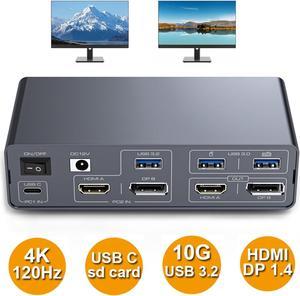 AUTYUE KVM Switch 2 Monitors 2 Computers USB C Docking Station with 4K60Hz HDMI and 4K120Hz DP KVM Switch Dual Monitor 10Gbps USB C+USB A 3.2 5Gbps USB 3.0 and SD/MicroSD Card Slots for Laptop&Desktop