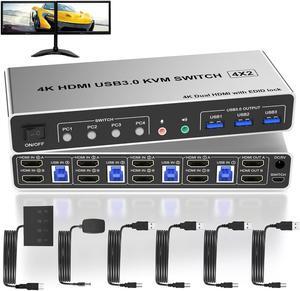 AUTYUE 4 Port HDMI  Dual Monitor USB 3.0 KVM Switch 4K 60Hz, KVM Switch 2 Monitors for 4PCs Supports EDID, HDMI KVM Switch 4 Computers with Audio Microphone Output and 3 USB 3.0 Ports, 4 in 2 Out KVM