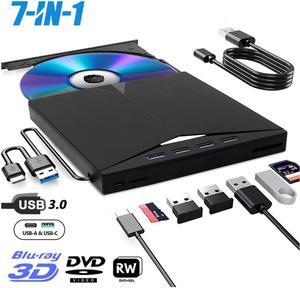 AUTYUE [7 in 1] External Blu-ray DVD Drive, USB 3.0 Type-C Blu Ray Drive Portable Blu Ray Burner Writer Slim DVD Burner, Portable 3D BD Player Bluray Drive for Laptop PC Mac-Book Windows 11 10, MacOS