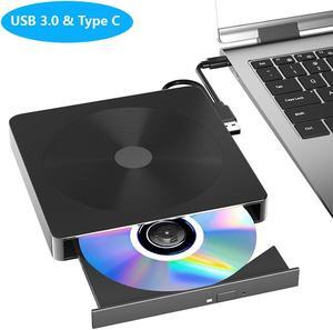 AUTYUE External CD/DVD Drive for Laptop, USB 3.0 & Type-C Portable DVD Player CD DVD Burner, Cd Rom External CD DVD Drive for Laptop, External Optical Drive Compatible with PC Laptop Windows Mac Os