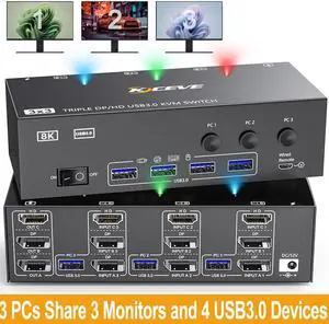 AUTYUE 2 Displayport + HDMI KVM Switch for 3 Monitors 3 Computers, 8K@60Hz,4K@144Hz Triple Monitor KVM Keyboard Mouse Switcher with 4 USB3.0 Port, Wired Remote, Power Adapter and USB Cables included