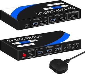 AUTYUE 8K@60Hz Displayport KVM Switch 1 Monitor 2 Computers, USB 3.0 DP KVM Switches 4 USB Ports for 2 Computers Sharing Monitor Keyboard Mouse Hard Drives, 2 USB Cable DC 5V Adapter and Controller