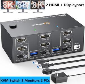 AUTYUE KVM Switch 2 Computers 3 Monitors 8K@60Hz 4K@144Hz, Displayport + 2 HDMI Triple Monitor KVM Switch for 2 PC Sharing 3 Monitors and 4 USB 3.0 Devices with Cable Remote Control and 2 USB Cables