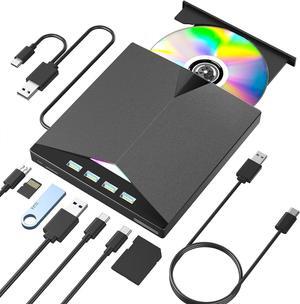 AUTYUE External CD/DVD Drive for Laptop, 7-in-1 USB 3.0 Portable CD/DVD Player Burner with 4 USB Ports, SD/TF Card Slots,CD/DVD +/-RW Drive, Compatible with Windows 11/10/8/7, Linux, Mac OS PC Laptops