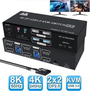 AUTYUE 4K@240Hz Dual Monitor DP 2.0 KVM Switch, 8K@60Hz USB 3.0 Displayport KVM Switch 2 in 2 out, Displayport KVM Switch 2 Monitors 2 PCs, with Audio Microphone Output and 4  USB Ports & SD/TF Solts