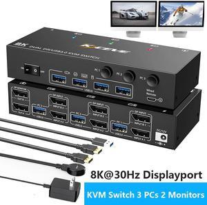 AUTYUE KVM Switch 3 Computers 2 Monitors, 8K@30Hz Dual Monitors Displayport USB 3.0 KVM Switcher for 3 DP Computers Share 2 DP Monitors, Keyboard and Mouse, Wired Remote and 12V Power Adapter Included