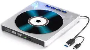 AUTYUE 7 in 1 External CD DVD Drive for Laptop with 4 USB Ports and TF/SD Card Slots, USB 3.0 Portable CD/DVD Disk Drive Player CD DVD Burner Reader Writer for Laptop PC Windows 11/10/8/7 Linux OS