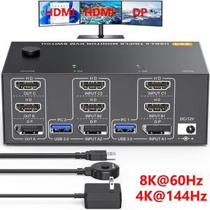 AUTYUE Triple Monitor 2 HDMI + Displayport KVM Switch, 8K@60Hz 4K@144Hz HDMI+DP USB 3.0 Switch Extended Display 3 Monitors 2 Computers KVM Switches 2 in 3 Out, with USB 3.0 Cables Wired Controller