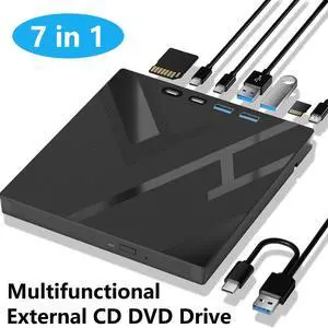 AUTYUE 7 in 1 External CD/DVD Drive for Laptop, Portable DVD Player for Laptop with SD/TF Port, External DVD Drive with USB 3.0/Type C, CD Reader CD Burner for Laptop PC Windows 11/10/8/7,Linux, MacOS