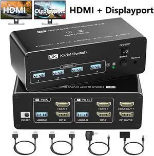AUTYUE KVM Switch 2 Monitors 2 Computers, 8K@60Hz HDMI + Displayport KVM Switch, Extended/Mirror Mode, 4K@120Hz KVM Switches for 2 PCs Sharing 2 Monitor and 4 USB 3.0 Devices, with Desktop Controller