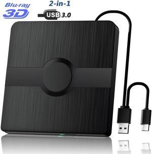 AUTYUE External Blu Ray Drive, BD Player with Read/Write Capability Portable Blu-ray Player with USB 3.0 & Type-C CD/DVD Burner 3D Blu-ray Drive Compatible with Win10 Mac OS, Blu Ray Player for PC
