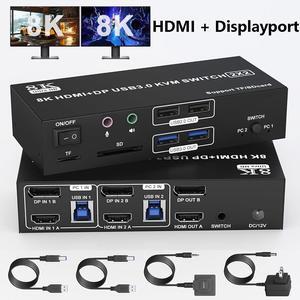 AUTYUE HDMI + Displayport KVM Switch 2 Monitors 2 Computers, 8K@60Hz 4K@120Hz Dual Monitor KVM Switcher for 2 Computers Share 2 Monitor, 4 USB Devices, Audio Microphone Output and SD TF Card Reader
