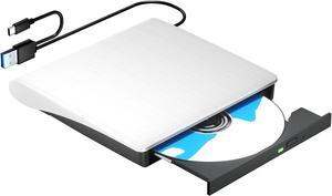 AUTYUE External CD/DVD Drive for Laptop PC, Portable CD DVD Player USB 3.0 & Type C Portable Optical Drive CD DVD ROM DVD Burner Compatible with Windows 10 11 Linux Mac OS (White)