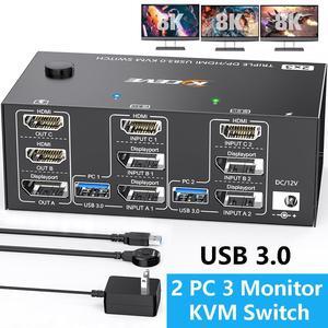 AUTYUE KVM Switch HDMI + Displayport 8K@60Hz/4K@144Hz, Triple Monitor Displayport 1.4 + HDMI 2.1 KVM Switch for 2 Computers Share 3 Monitor and 4 USB 3.0 Devices, Wired Remote and USB Cables Included