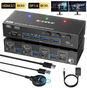 AUTYUE Displayport + HDMI KVM Switch 2 Monitors 3 Computers, Dual Monitor HDMI+DP USB 3.0 KVM Switcher Supports 4K@144Hz 8K@60Hz for 3 Computers Share Keyboard Mouse, with Wired Remote, Power Adapter