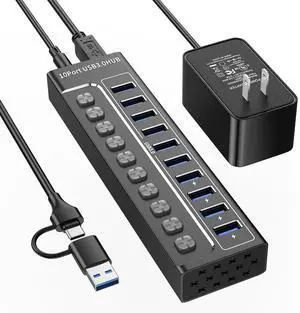 AUTYUE Powered USB Hub 3.0, 10-Port USB 3.0 Hub Splitter with Individual Switches and Indicator Lights, 10 USB 3.0 Data Transfer Ports, (included 4 Charging Ports) + 12V 3A Power Adapter