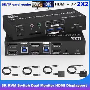 AUTYUE Dual Monitor HDMI + Displayport KVM Switch 2 Monitors 2 Computers, 8K@60Hz 4K@120Hz KVM Switcher for 2 PCs Share Dual Monitor, 4 USB Devices, with Audio Microphone Output and SD TF Card Reader