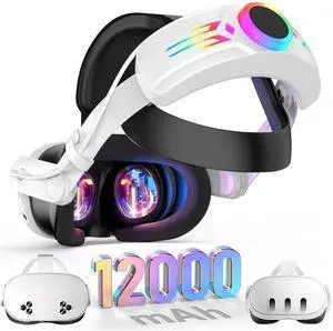 AUTYUE RGB Head Strap with Battery for Me-ta Quest 3S/Quest 3, 12000mAh Battery Pack for Extended 8H of Playtime, Fast Charging VR Power, Adjustable Elite Strap Enhanced Support and Balance in VR