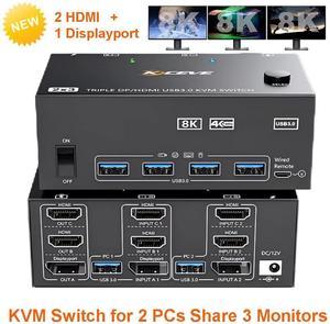 AUTYUE KVM Switch 2 Computers 3 Monitors, 8K@60Hz 4K@144Hz Triple Monitors Displayport + 2 HDMI KVM Switch for 2 PCs Sharing 3 Monitors and 4 USB 3.0 Devices with Cable Remote Control and 2 USB Cables