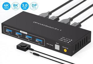 AUTYUE DisplayPort KVM Switch 2 in 1 Out, Support 4K120HZ 8K60HZ DP1.4 KVM Switcher for 2 Computers Share 1 Monitor Keyboard Mouse Printer with 4 Port USB 3.0 Includes Desktop Control and 2 USB Cables