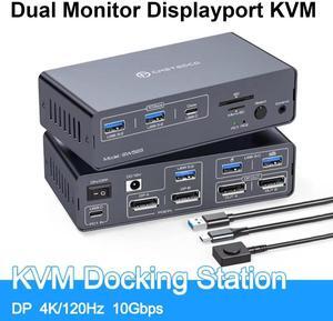 AUTYUE DP KVM Docking Station 4K120Hz, USB C KVM Switch 2 Monitors 2 PCs Displayport Dual Monitor KVM Switch for Laptop and Desktop PC Share 13-in-1 Dock, 10Gbps USB 3.2 and USB-C data transfer Ports