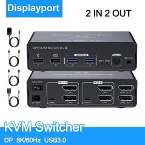 AUTYUE 8K 2 in 2 Out DisplayPort KVM Switch 2 Monitors 2 Computers 4K120Hz, Aluminum Dual Monitor Displayport USB 3.0 KVM Switches for 2 PC Sharing One Monitor & 4 USB Devices with Desktop Controller