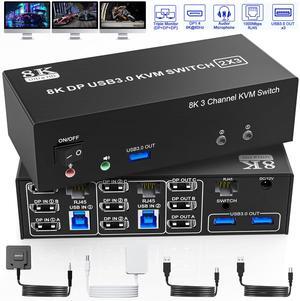 AUTYUE 8K@60Hz DP USB3.0 KVM Switch 3 Monitors 2 Computers 4K@144Hz, Displayport KVM Switch Triple Monitor for 2 PCs Share 3 Monitors, RJ45 Ethernet Splitter 1 to 2, Audio Mic Port & 3 USB3.0 Devices