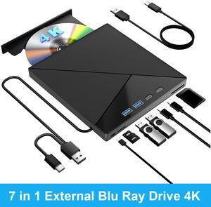AUTYUE 7 in 1 External Blu Ray Drive, 4K Blu Ray Burner with USB 3.0 Type-C Portable Blu Ray Drive, CD DVD Burner 3D BD Player with SD/TF Ports, 4K Optical Drive Compatible with Windows, Linux, MacOS