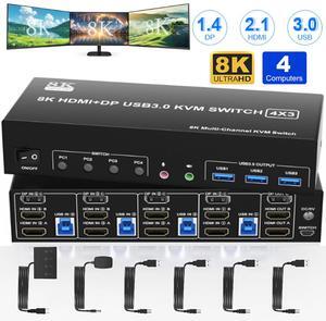 AUTYUE KVM Switch 3 Monitors 4 Computers 8K@60Hz 4K@144Hz, 2 HDMI +1 DisplayPort KVM Switch Triple Monitor for 4 Computer with Audio and 3 USB 3.0 Ports, KVM Triple Monitor Keyboard Mouse Switcher