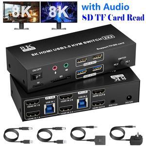 AUTYUE HDMI KVM Switch 2 Monitors 2 Computers, 8K@60Hz HDMI 2.1 Dual Monitor KVM with 4 USB 3.0 Ports, TF/SD Card Reader, Audio Microphone Jacks, EDID/HDCP Adaptive for Gaming/Streaming/Stock Trading